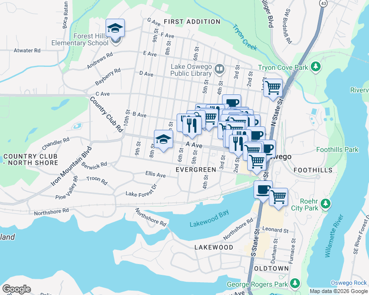 map of restaurants, bars, coffee shops, grocery stores, and more near 522 A Avenue in Lake Oswego