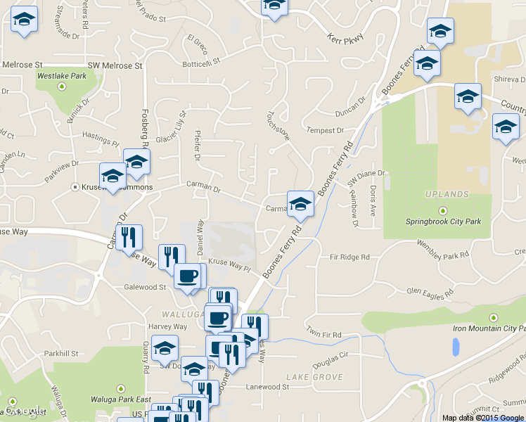 map of restaurants, bars, coffee shops, grocery stores, and more near 14710 Davis Lane in Lake Oswego