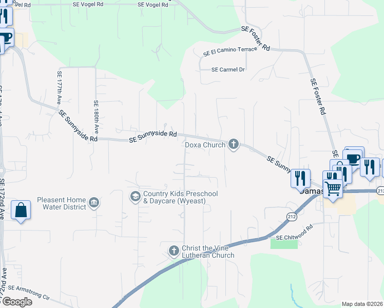map of restaurants, bars, coffee shops, grocery stores, and more near 14242 Southeast 187th Avenue in Damascus