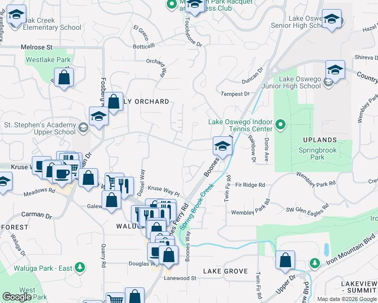map of restaurants, bars, coffee shops, grocery stores, and more near 14710 Davis Lane in Lake Oswego