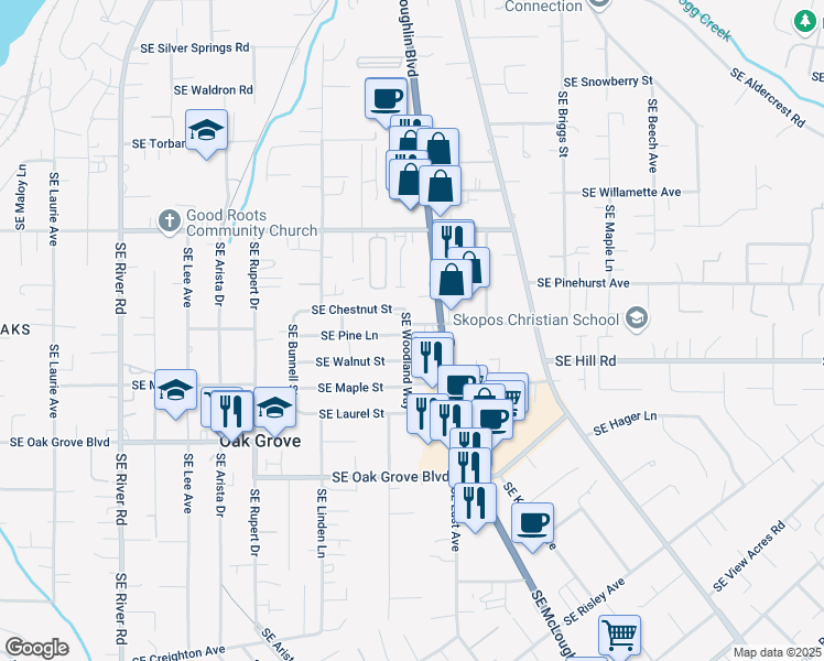 map of restaurants, bars, coffee shops, grocery stores, and more near 2800 Southeast Chestnut Street in Milwaukie