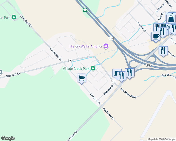map of restaurants, bars, coffee shops, grocery stores, and more near 185 Desmond Trudeau Drive in Arnprior
