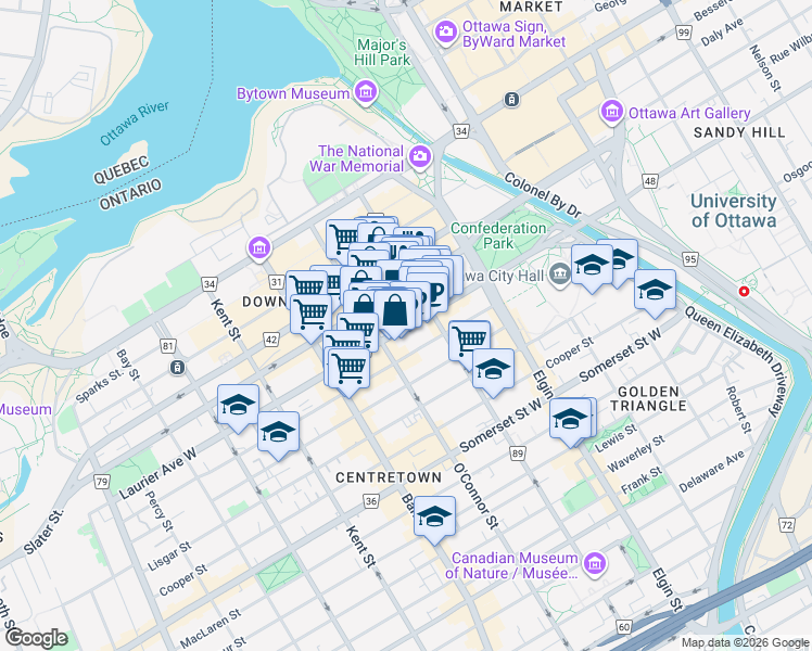 map of restaurants, bars, coffee shops, grocery stores, and more near 219 Laurier Avenue West in Ottawa