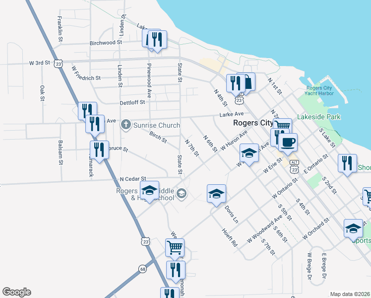 map of restaurants, bars, coffee shops, grocery stores, and more near 358-398 State Street in Rogers City