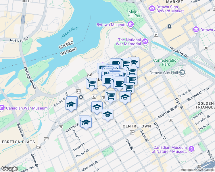 map of restaurants, bars, coffee shops, grocery stores, and more near in Ottawa