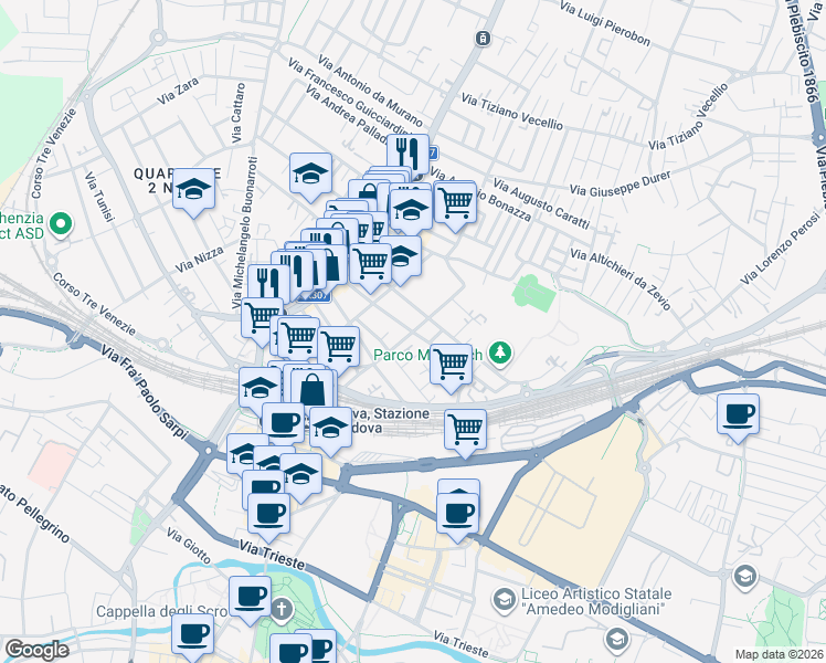 map of restaurants, bars, coffee shops, grocery stores, and more near 29 Via Pietro Selvatico in Padua