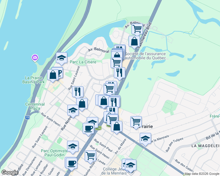 map of restaurants, bars, coffee shops, grocery stores, and more near 100 Boulevard Taschereau in La Prairie