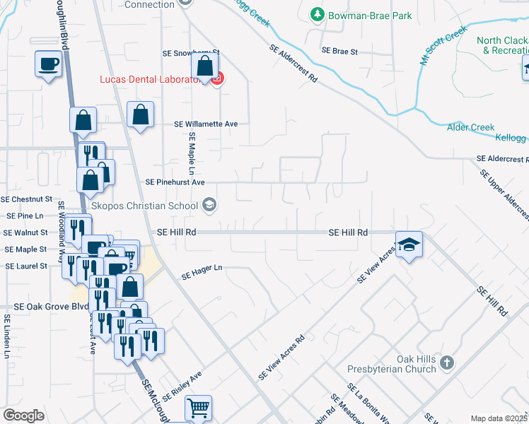 map of restaurants, bars, coffee shops, grocery stores, and more near 14299 Southeast Haze Court in Milwaukie