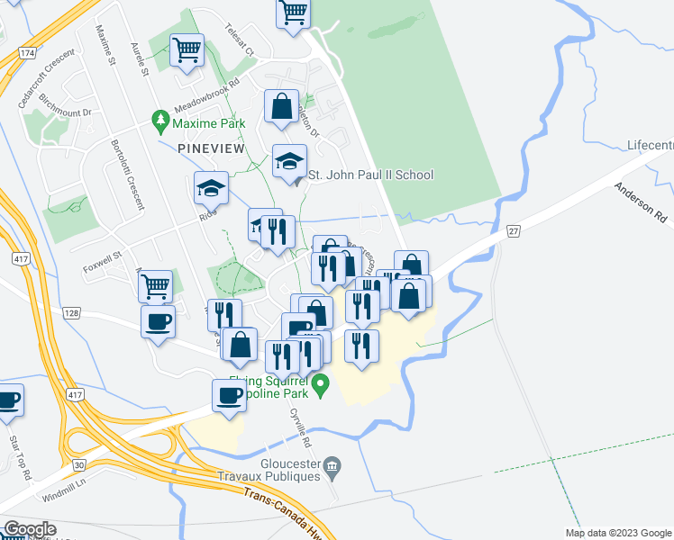 map of restaurants, bars, coffee shops, grocery stores, and more near 4388 Whittaker Crescent in Ottawa