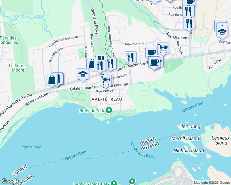 map of restaurants, bars, coffee shops, grocery stores, and more near 35 Rue Prévost in Gatineau
