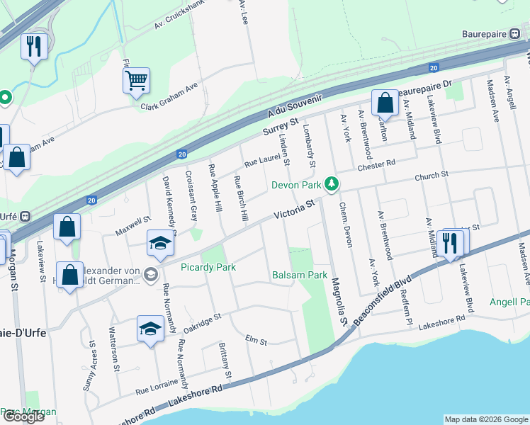 map of restaurants, bars, coffee shops, grocery stores, and more near 105 Rue Victoria in Baie-d'Urfé