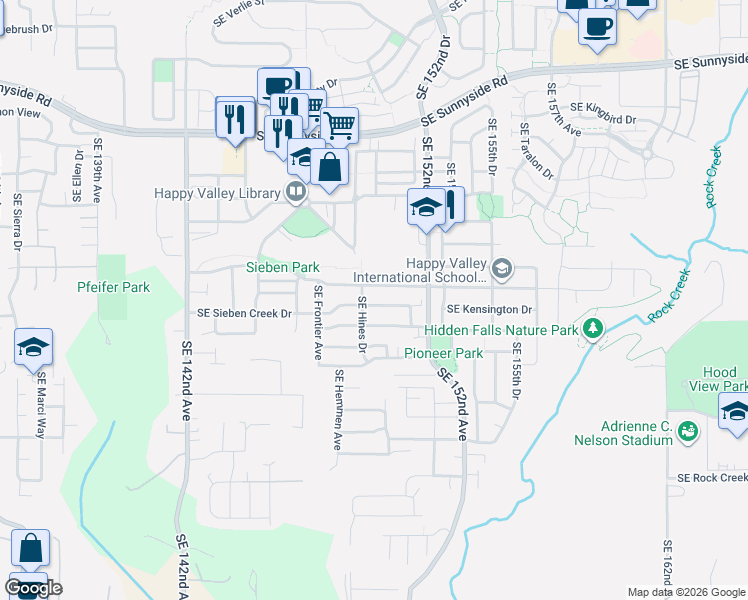 map of restaurants, bars, coffee shops, grocery stores, and more near 14979 Southeast Sieben Creek Drive in Clackamas