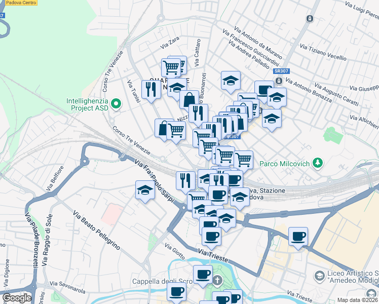 map of restaurants, bars, coffee shops, grocery stores, and more near 2 Vicolo Michelangelo Buonarroti in Padova