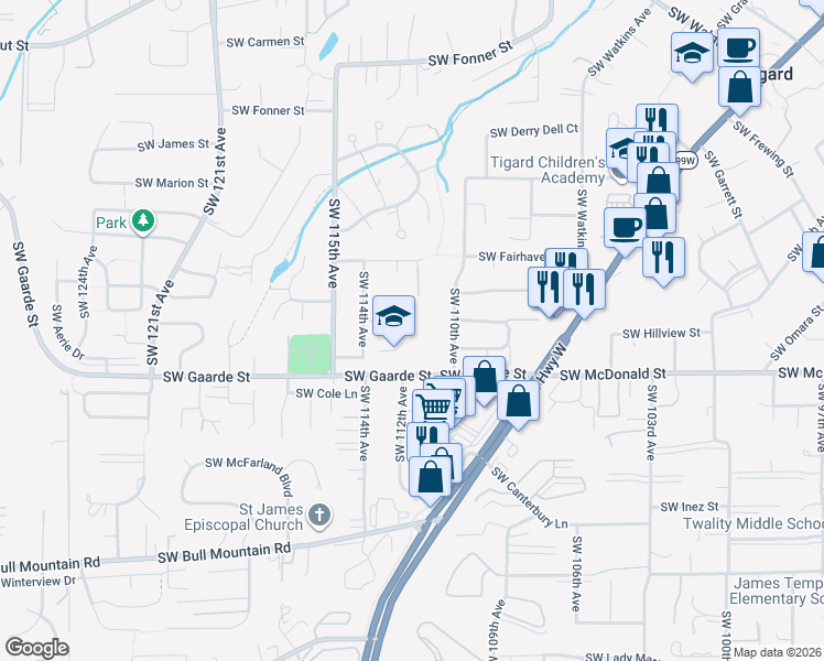 map of restaurants, bars, coffee shops, grocery stores, and more near 11298 Southwest Viewmount Court in Tigard