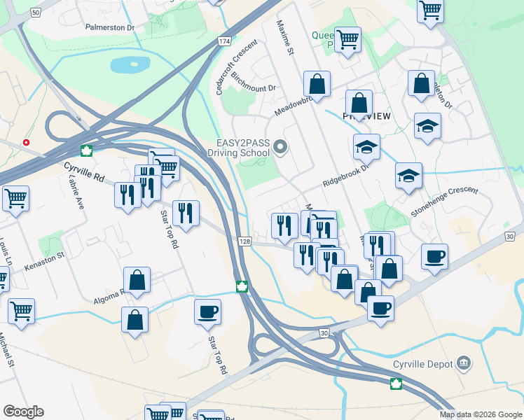 map of restaurants, bars, coffee shops, grocery stores, and more near 1414 Foxwell Street in Ottawa