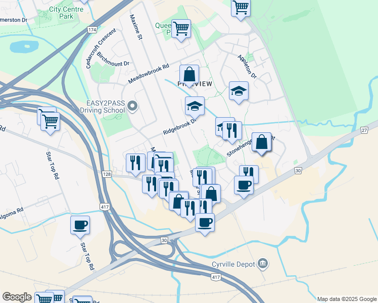 map of restaurants, bars, coffee shops, grocery stores, and more near 1549 Maxime Street in Ottawa