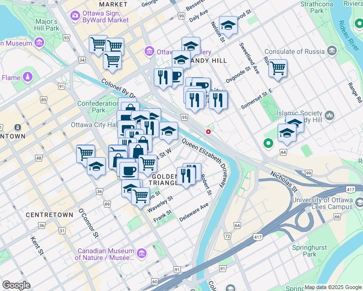 map of restaurants, bars, coffee shops, grocery stores, and more near 18 The Driveway in Ottawa