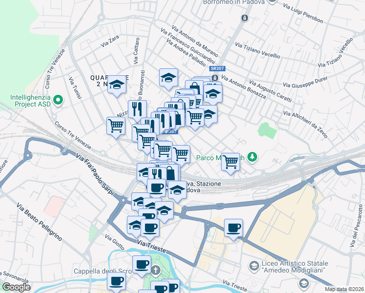 map of restaurants, bars, coffee shops, grocery stores, and more near 4 Via Giovanni da Gaibana in Padua