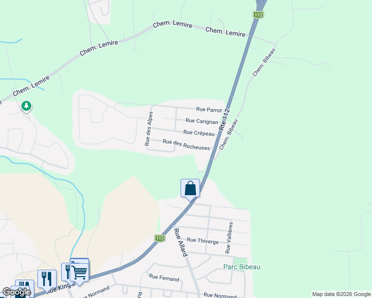 map of restaurants, bars, coffee shops, grocery stores, and more near 2716 Rue des Rocheuses in Sherbrooke