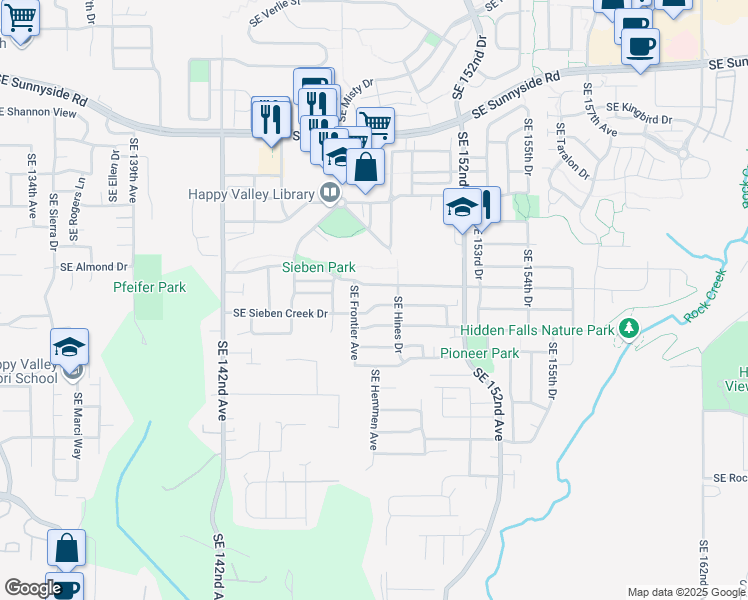 map of restaurants, bars, coffee shops, grocery stores, and more near 14841 Southeast Sieben Creek Drive in Clackamas