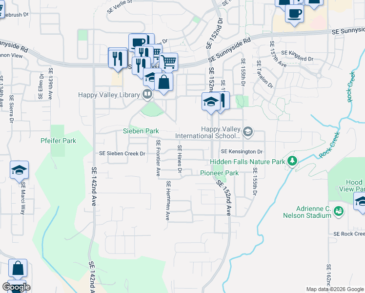 map of restaurants, bars, coffee shops, grocery stores, and more near 14979 Southeast Sieben Creek Drive in Clackamas