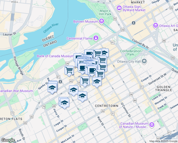 map of restaurants, bars, coffee shops, grocery stores, and more near in Ottawa