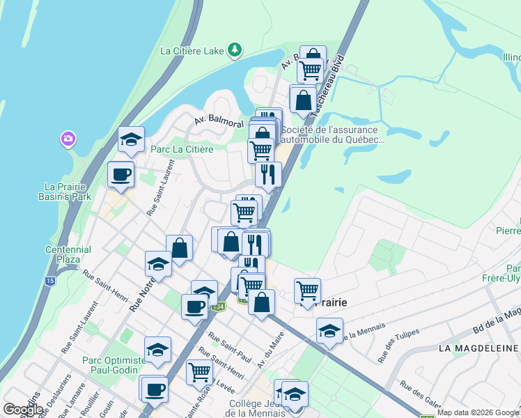 map of restaurants, bars, coffee shops, grocery stores, and more near 90 Boulevard Taschereau in La Prairie