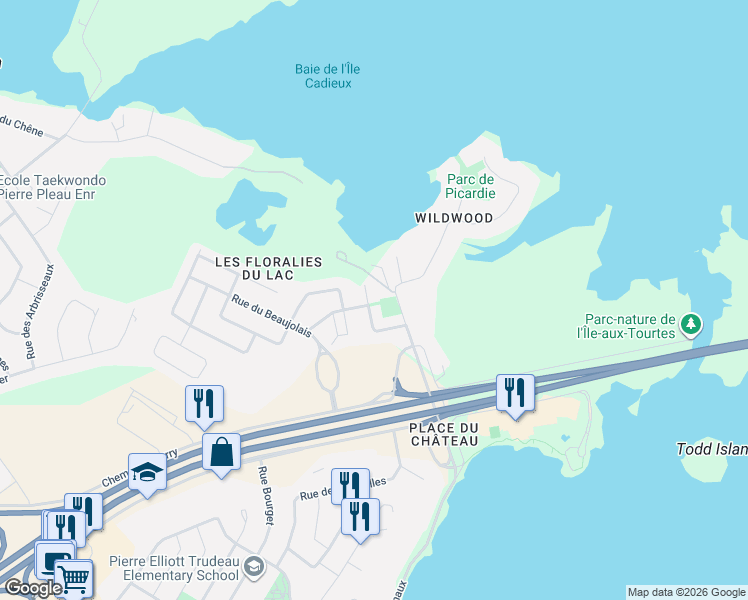 map of restaurants, bars, coffee shops, grocery stores, and more near 2085 Place de Versailles in Vaudreuil-Dorion