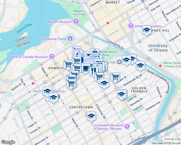 map of restaurants, bars, coffee shops, grocery stores, and more near in Ottawa