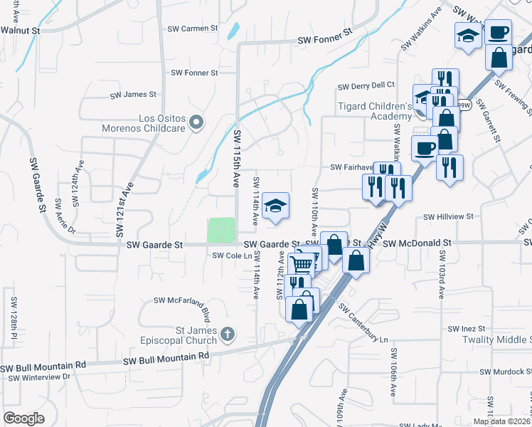 map of restaurants, bars, coffee shops, grocery stores, and more near 11320 Southwest Viewmount Court in Tigard