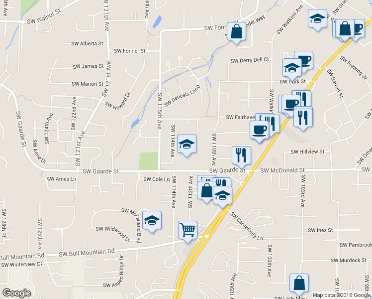 map of restaurants, bars, coffee shops, grocery stores, and more near 11320 Southwest Viewmount Court in Tigard