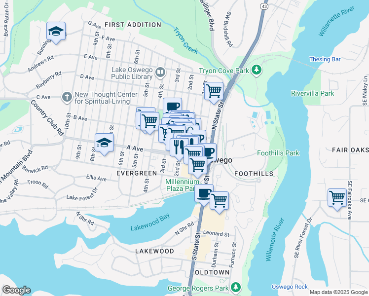 map of restaurants, bars, coffee shops, grocery stores, and more near 180 A Avenue in Lake Oswego