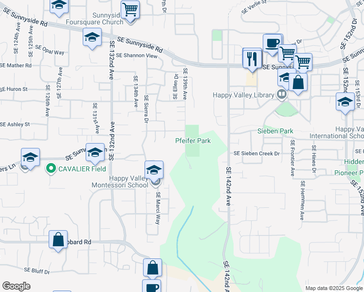 map of restaurants, bars, coffee shops, grocery stores, and more near 14253 Southeast 139th Avenue in Happy Valley