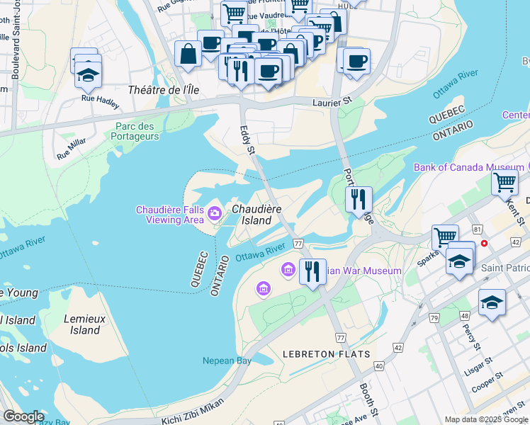 map of restaurants, bars, coffee shops, grocery stores, and more near 4160 Booth Street in Ottawa