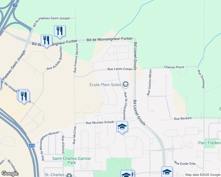 map of restaurants, bars, coffee shops, grocery stores, and more near 1271 Rue Alice-Campbell in Sherbrooke