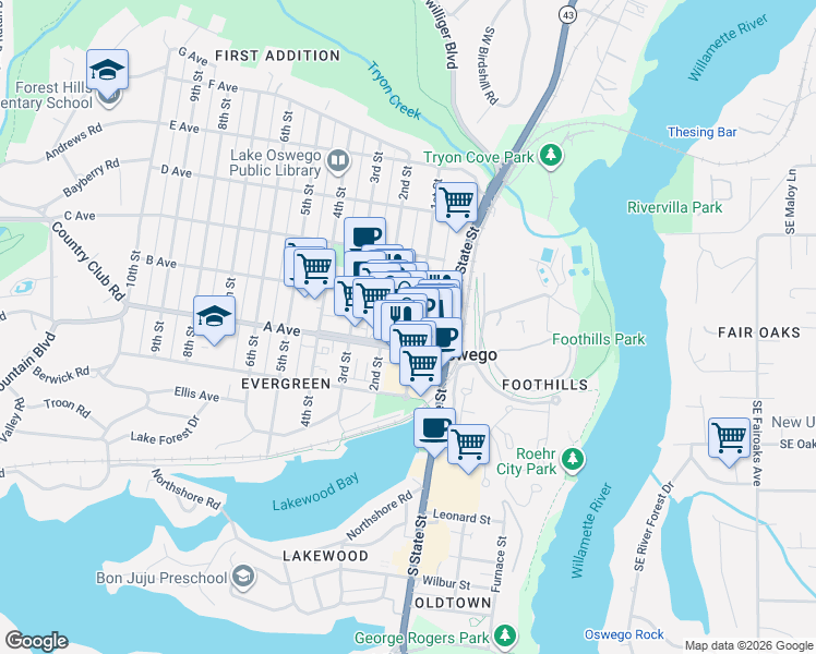 map of restaurants, bars, coffee shops, grocery stores, and more near 438 1st Street in Lake Oswego