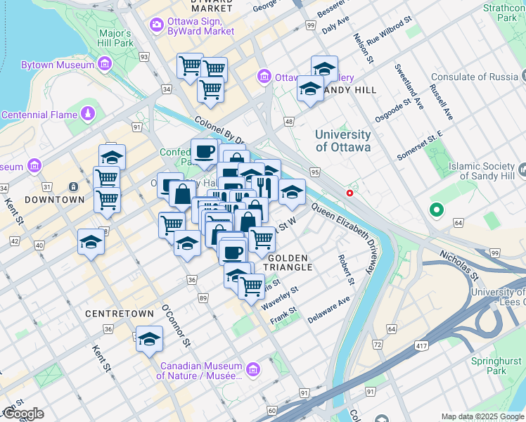 map of restaurants, bars, coffee shops, grocery stores, and more near in Ottawa