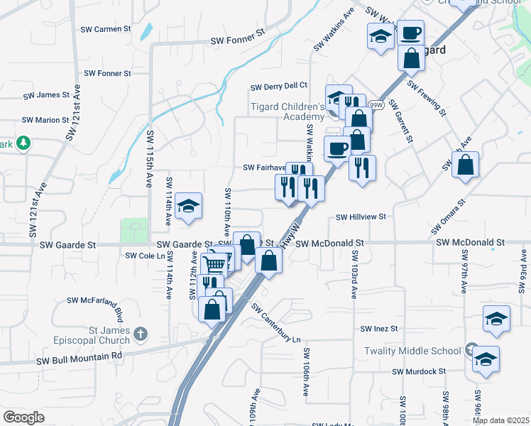 map of restaurants, bars, coffee shops, grocery stores, and more near 10810 Southwest Garden Park Place in Tigard
