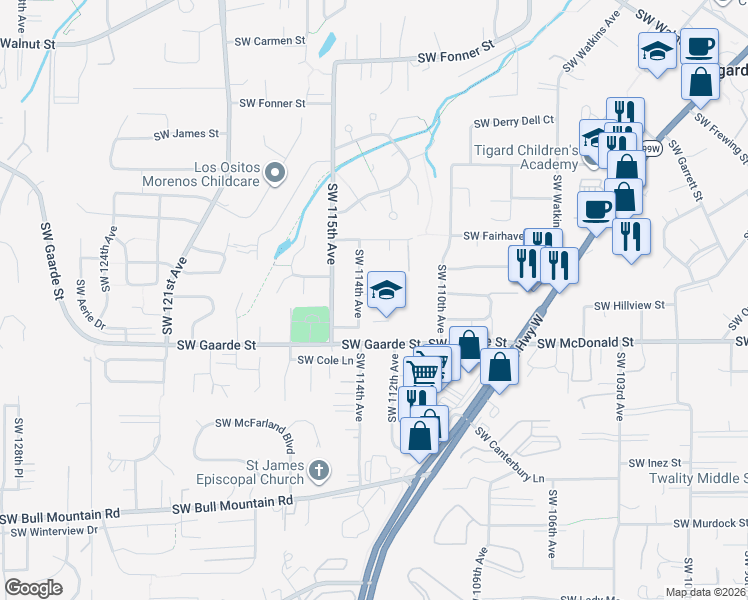 map of restaurants, bars, coffee shops, grocery stores, and more near 11320 Southwest Viewmount Court in Tigard