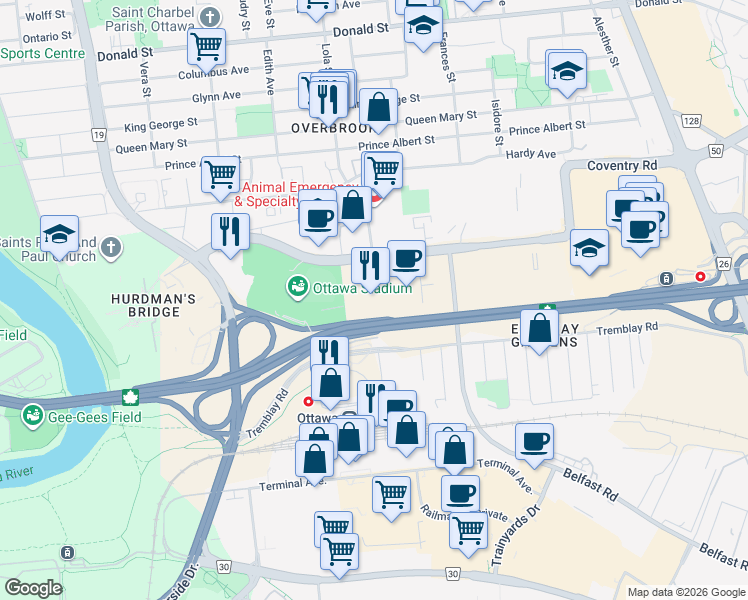 map of restaurants, bars, coffee shops, grocery stores, and more near 330 Coventry Road in Ottawa