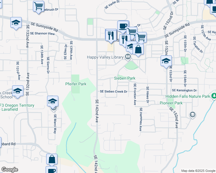 map of restaurants, bars, coffee shops, grocery stores, and more near 14179 Southeast Filbert Creek Drive in Clackamas