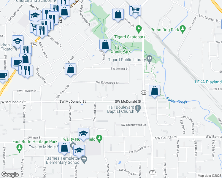 map of restaurants, bars, coffee shops, grocery stores, and more near 13839 Southwest 90th Avenue in Tigard