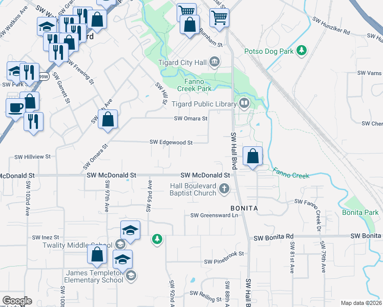 map of restaurants, bars, coffee shops, grocery stores, and more near 8940 Southwest Edgewood Street in Tigard