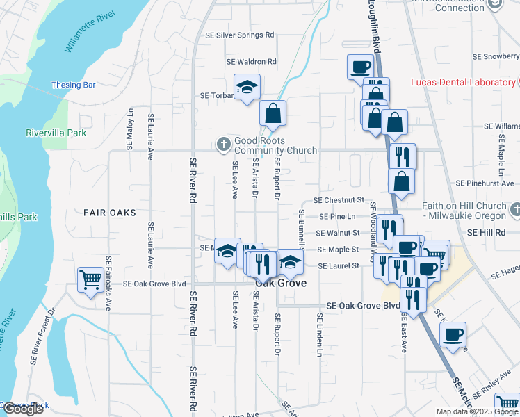 map of restaurants, bars, coffee shops, grocery stores, and more near 2105 Southeast Pine Lane in Oak Grove