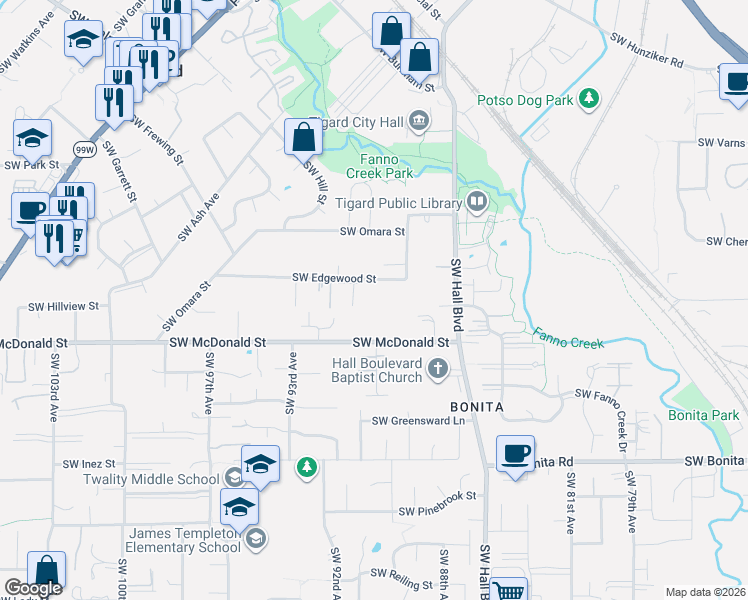map of restaurants, bars, coffee shops, grocery stores, and more near 8940 Southwest Edgewood Street in Tigard