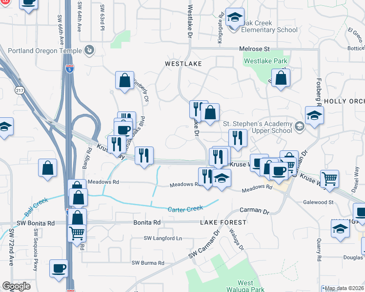 map of restaurants, bars, coffee shops, grocery stores, and more near 5601 Charles Circle in Lake Oswego
