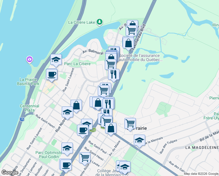 map of restaurants, bars, coffee shops, grocery stores, and more near 90 Boulevard Taschereau in La Prairie