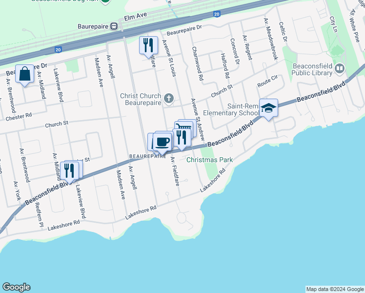 map of restaurants, bars, coffee shops, grocery stores, and more near 451 Boulevard Beaconsfield in Beaconsfield