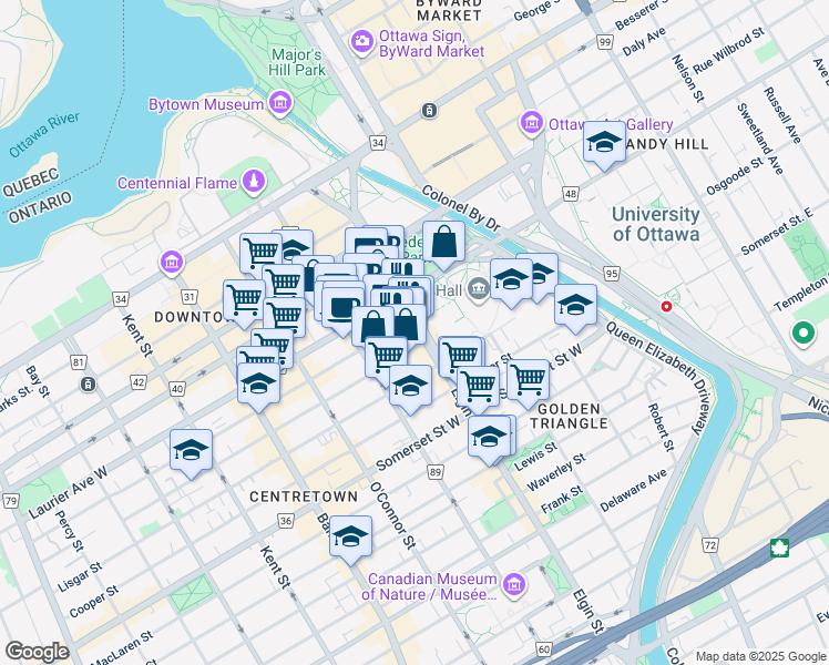 map of restaurants, bars, coffee shops, grocery stores, and more near 160 Elgin Street in Ottawa