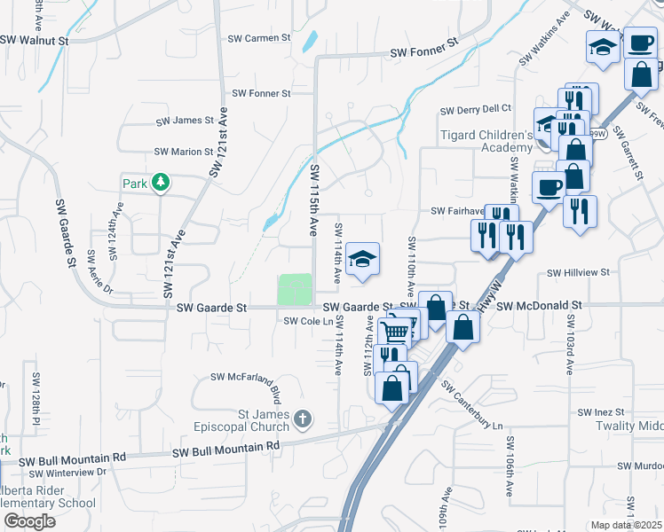 map of restaurants, bars, coffee shops, grocery stores, and more near 13815 Southwest 114th Avenue in Tigard